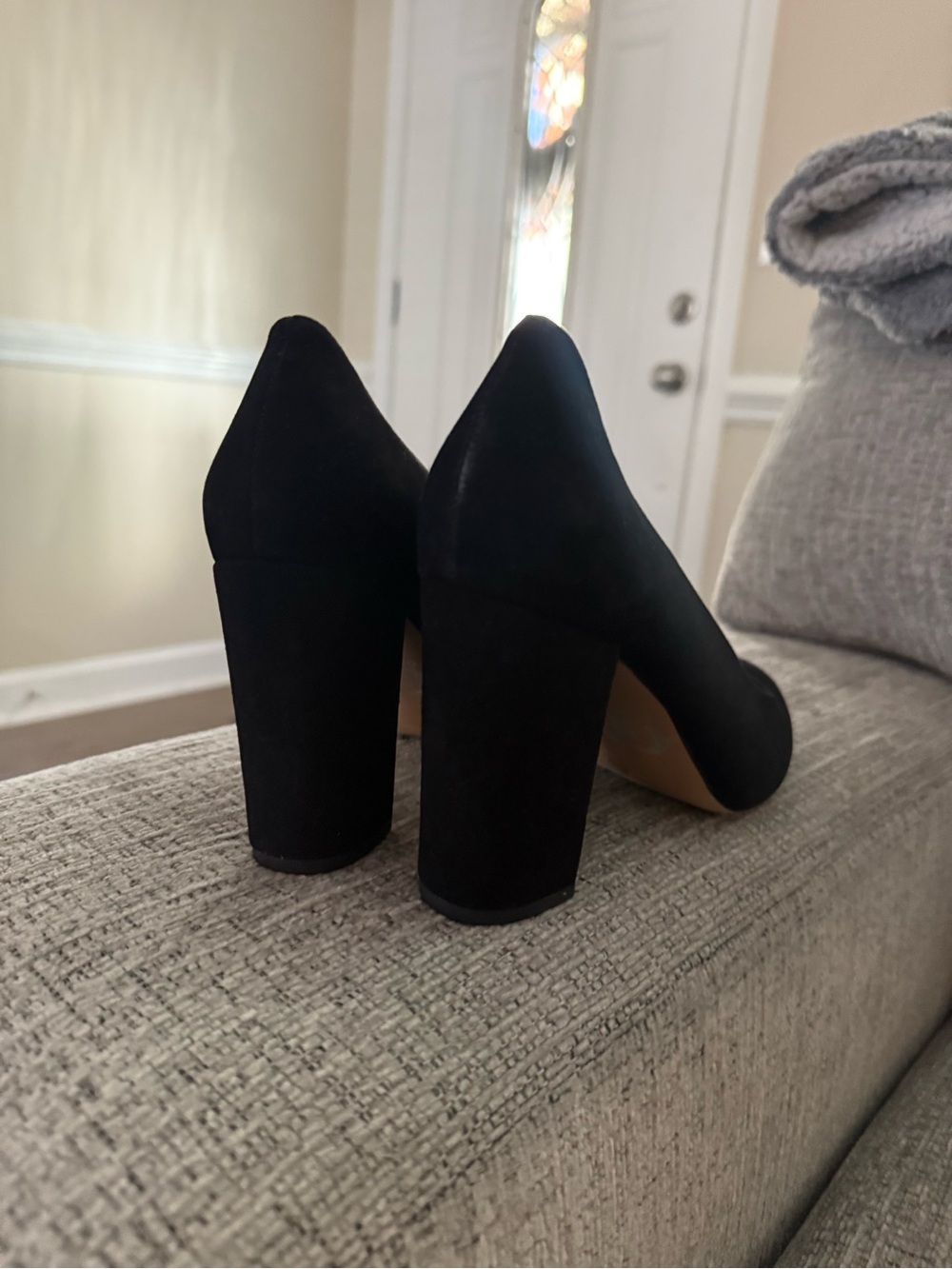 Black Suede Block Heel Pumps - Women